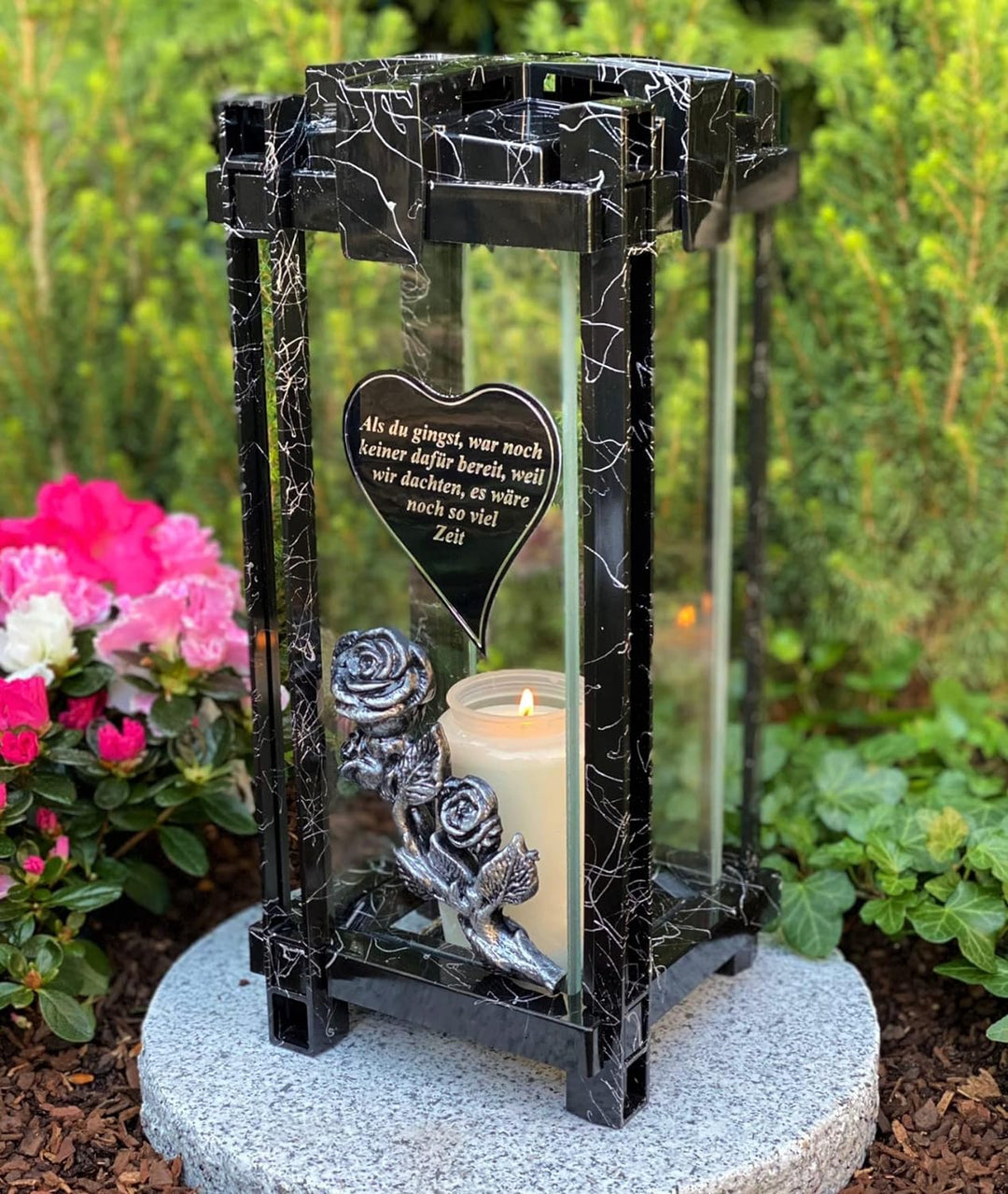 Garten Paradies Handmade Grablampe Laterne Grablicht 33 cm H. mit Beschriftung Grablicht Kerze Grabk