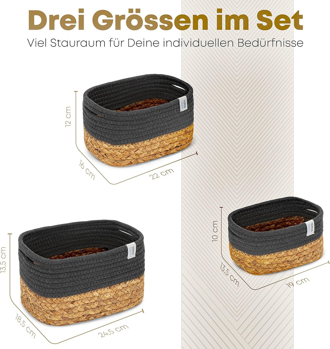 Aufbewahrungskörbe 3er Set aus Wasserhyazinthe und Baumwolle, Bad Aufbewahrungskorb geflochten als B