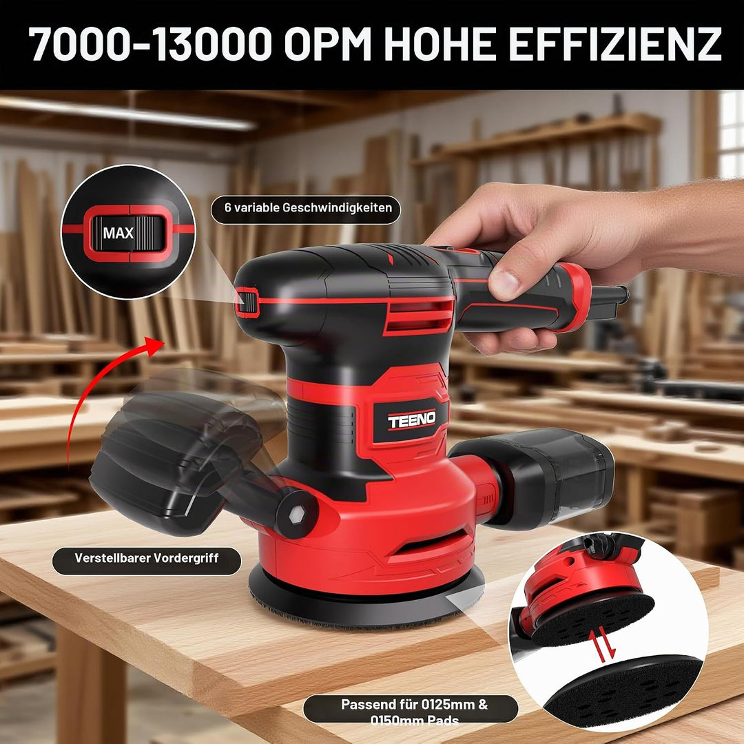 TEENO 450W Exzenterschleifer mit 6 Geschwindigkeiten, 13.000 U/min,Ø125/150mm Teller, 20 Schleifsche