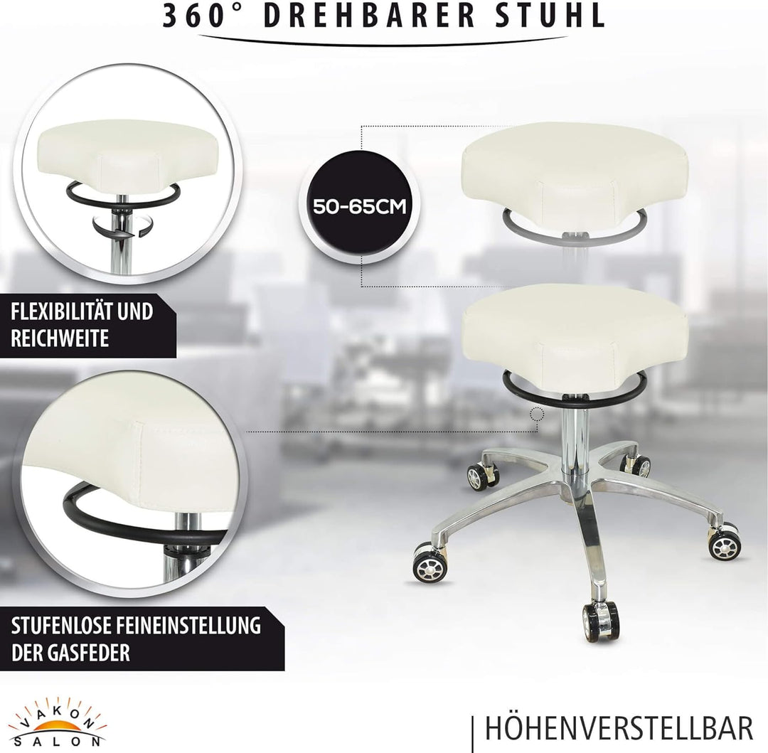 VAKON SALON - Design ergonomischer Rollhocker auf hochwertigen Rollen weiss - Höhenverstellbarer von
