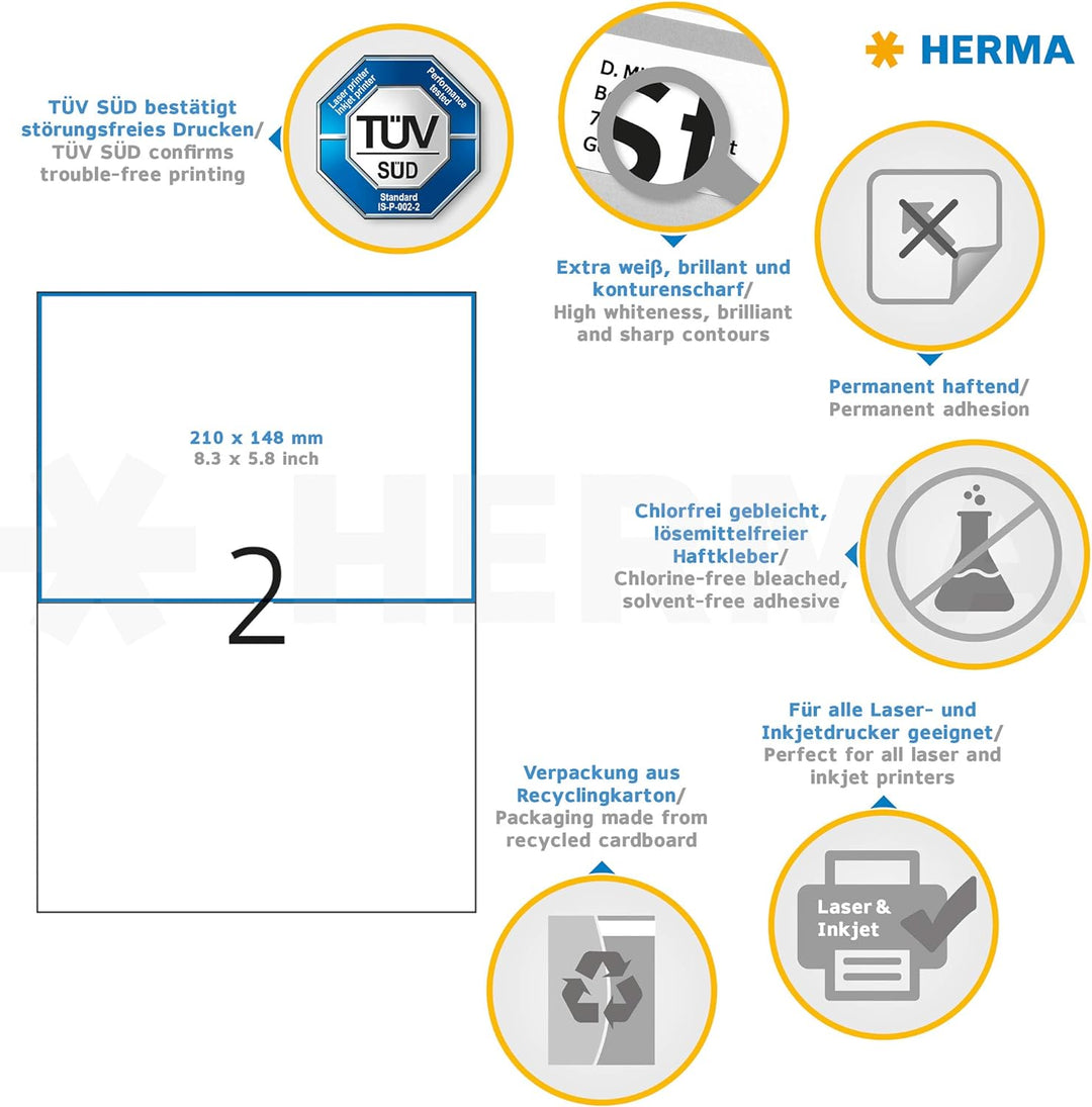 HERMA 4628 Versandetiketten, 200 Blatt, 210 x 148 mm, 2 Stück pro A4 Bogen, 400 Aufkleber, selbstkle