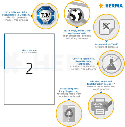 HERMA 4628 Versandetiketten, 200 Blatt, 210 x 148 mm, 2 Stück pro A4 Bogen, 400 Aufkleber, selbstkle