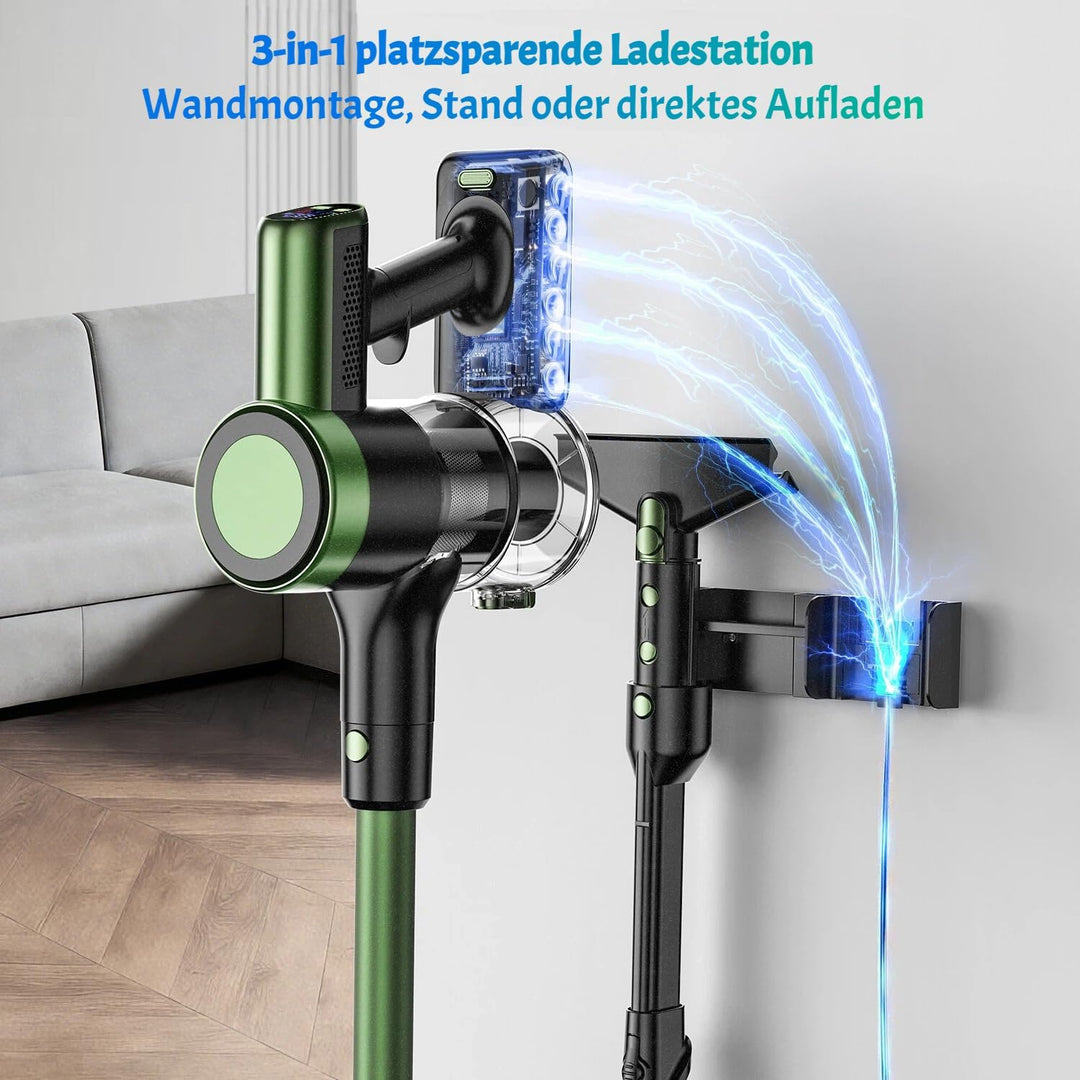 Akku Staubsauger 50KPa/500W/55Mins, Staubsauger Kabellos mit Wandmontierte Ladestation, Selbststehen