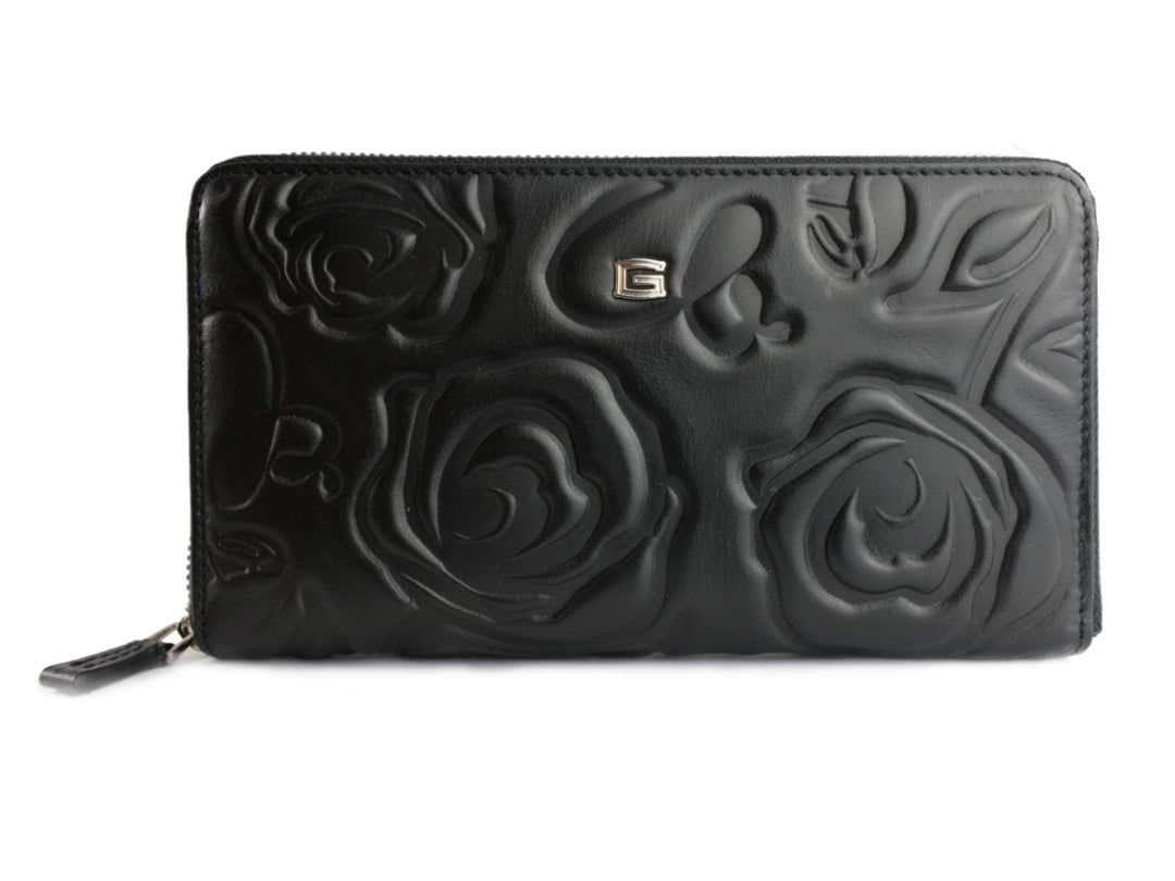 Giudi ® Geldbörse Damen Blumenprägung Schwarz Gross Echtleder Mit Vielen Fächern Schwarz, Schwarz