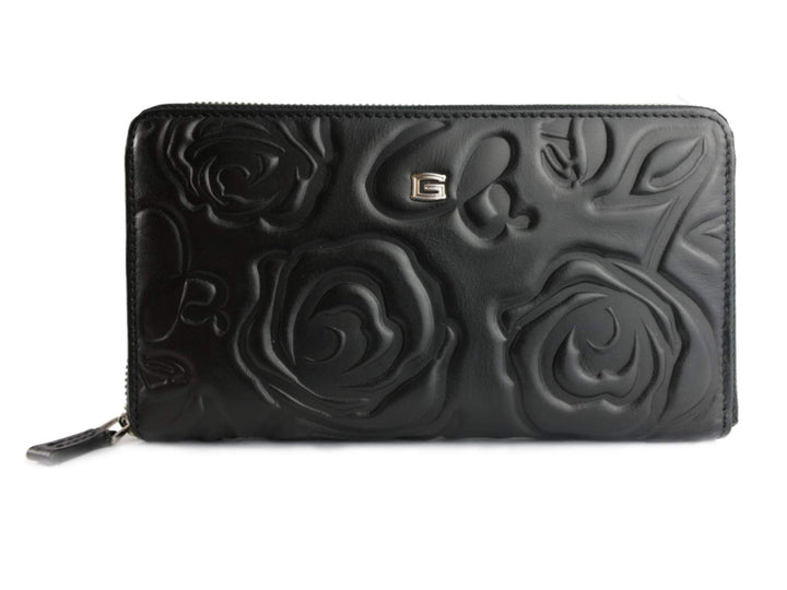 Giudi ® Geldbörse Damen Blumenprägung Schwarz Gross Echtleder Mit Vielen Fächern Schwarz, Schwarz