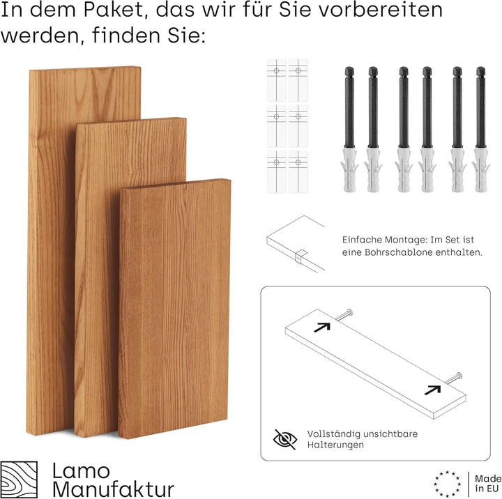 LAMO Manufaktur 3 Stück Wandregal aus Holz mit unsichtbarer Befestigung 40/35/30cm | Wandregal Holz