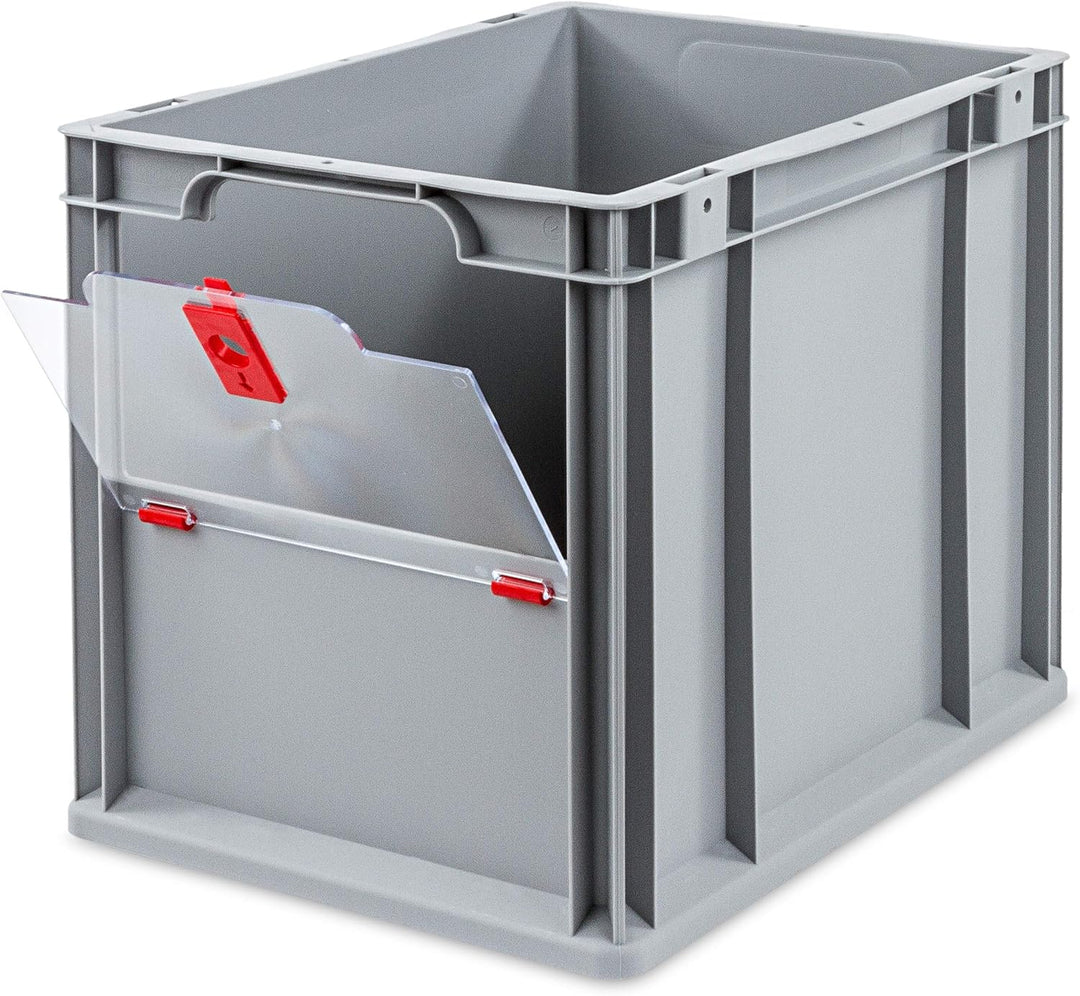aidB Eurobox NextGen Insight Cover rot, 400x300x320 mm, Cover hoch, robuste Regalbox mit Entnahmeöff