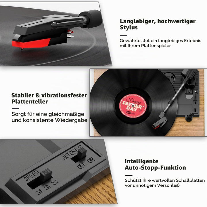 FYDEE Plattenspieler, Bluetooth 5.4 Schallplattenspieler mit Einstellbarer Auflagekraft, 2x3W Stereo
