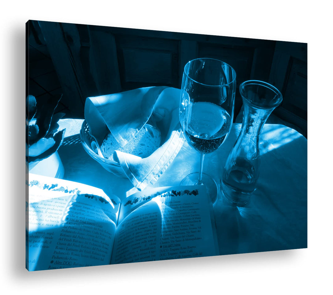 deyoli Brot und Wein Format 100x70 Effekt: Monocrome Blau als Leinwandbild, Motiv fertig gerahmt auf