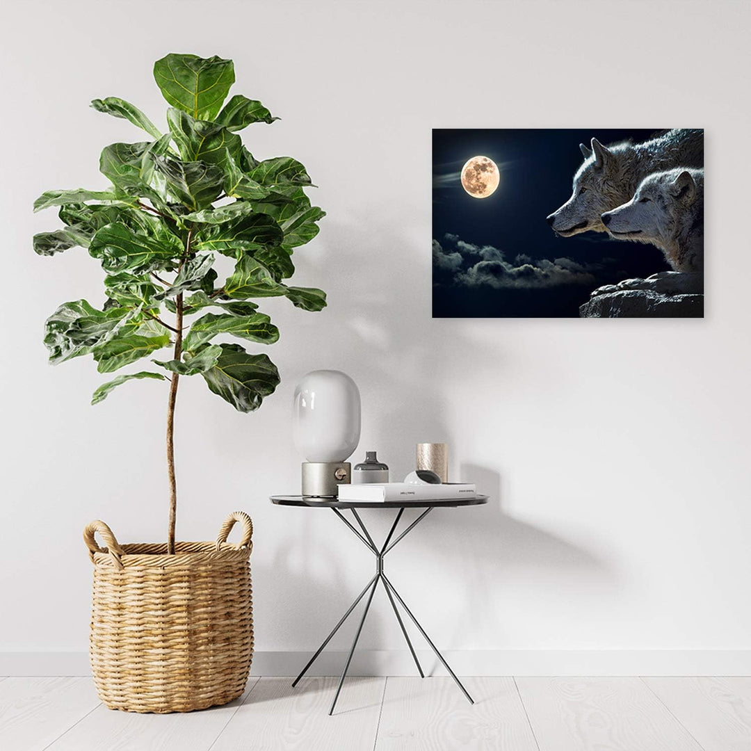 Feeby Wandbild Wölfe Druckbild Leinwandbild Mond Blau 100x70 cm Leinwandbild 100x70 cm Blau_a, Leinw
