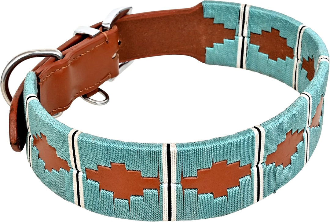 MICHUR Pippa Braun Blau Türkis Baumwollgarn Hundehalsband Leder, Lederhalsband Hund, Halsband, Leder