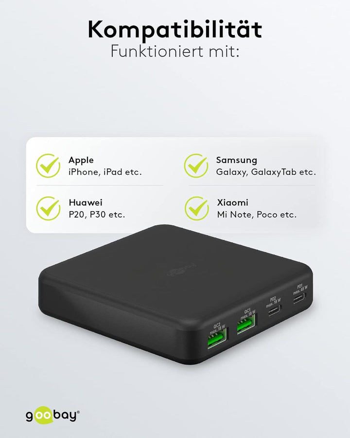 goobay 61772 Multiport 4-Fach USB-C Ladegerät mit 65W Leistung/lädt mehrere Geräte gleichzeitig über