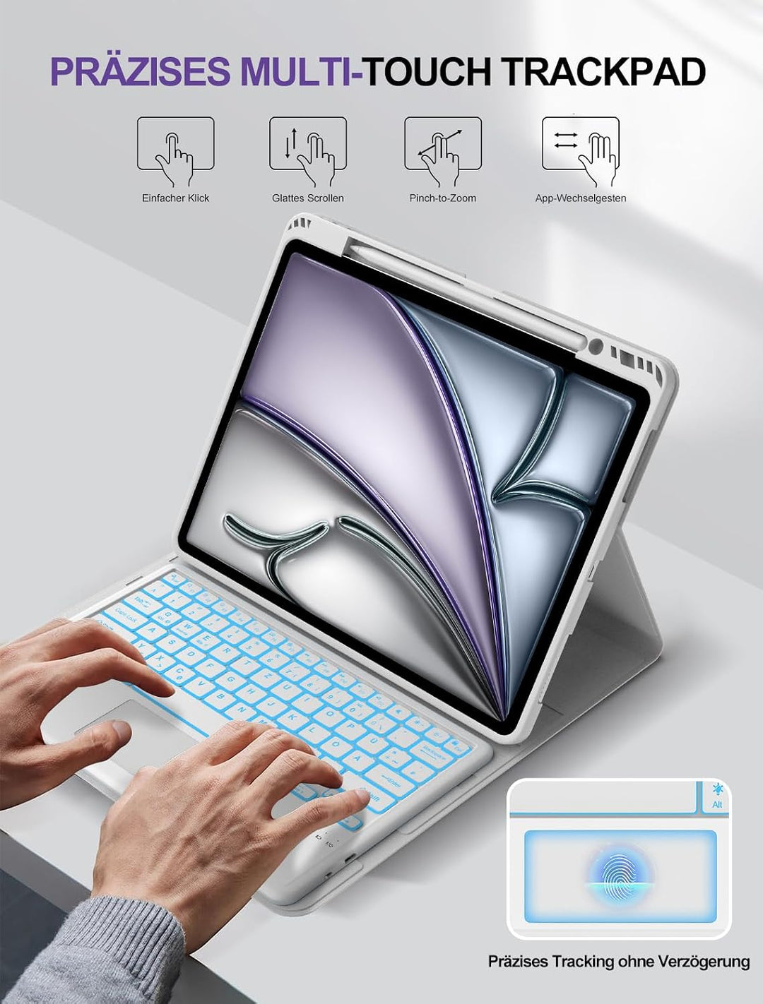 JADEMALL Für iPad Air 13 (M4/M3/M2) Hülle mit Touchpad &amp; Beleuchtung QWERTZ | Farbabstimmung, Mit 7-