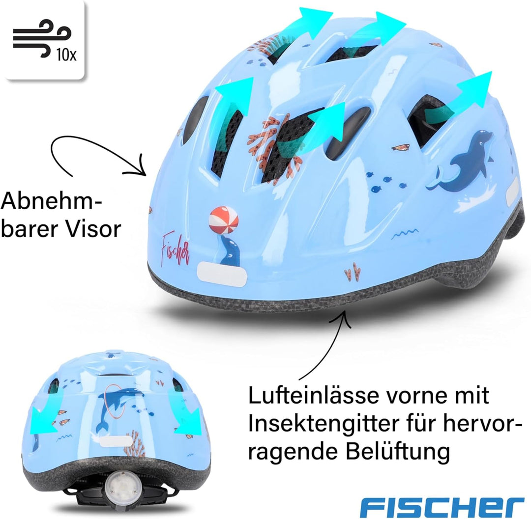 FISCHER Kinder-Helm, Fahrradhelm, Jugendhelm mit integriertem LED-Rücklicht, XS/S, 48-54cm Delfin, D