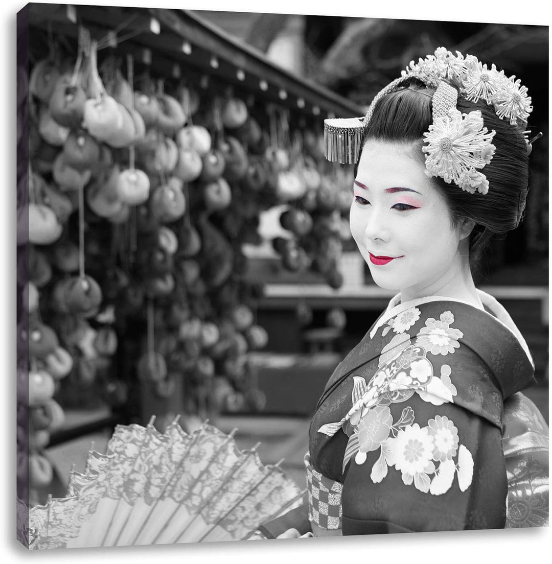 Pixxprint schöne Geisha mit Fächer als Leinwandbild/Grösse: 70x70 cm/Wandbild/Kunstdruck/fertig besp