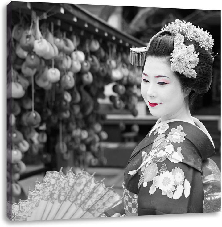 Pixxprint schöne Geisha mit Fächer als Leinwandbild/Grösse: 70x70 cm/Wandbild/Kunstdruck/fertig besp