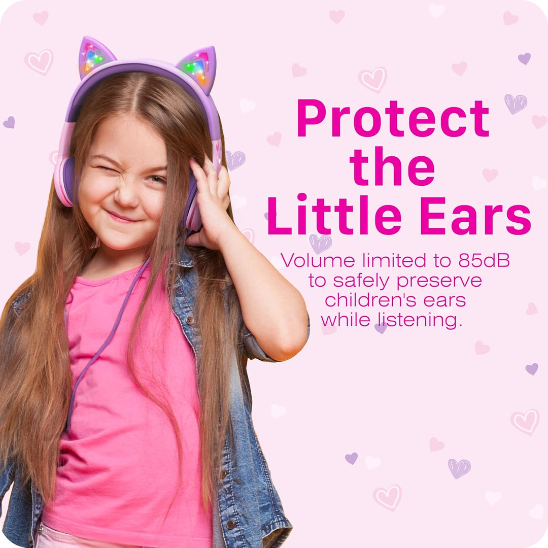 FosPower Kinderkopfhörer mit LED Katzenohren, 85dB Lautstärkebegrenzung, 3.5mm On-Ear Kabelgebundene