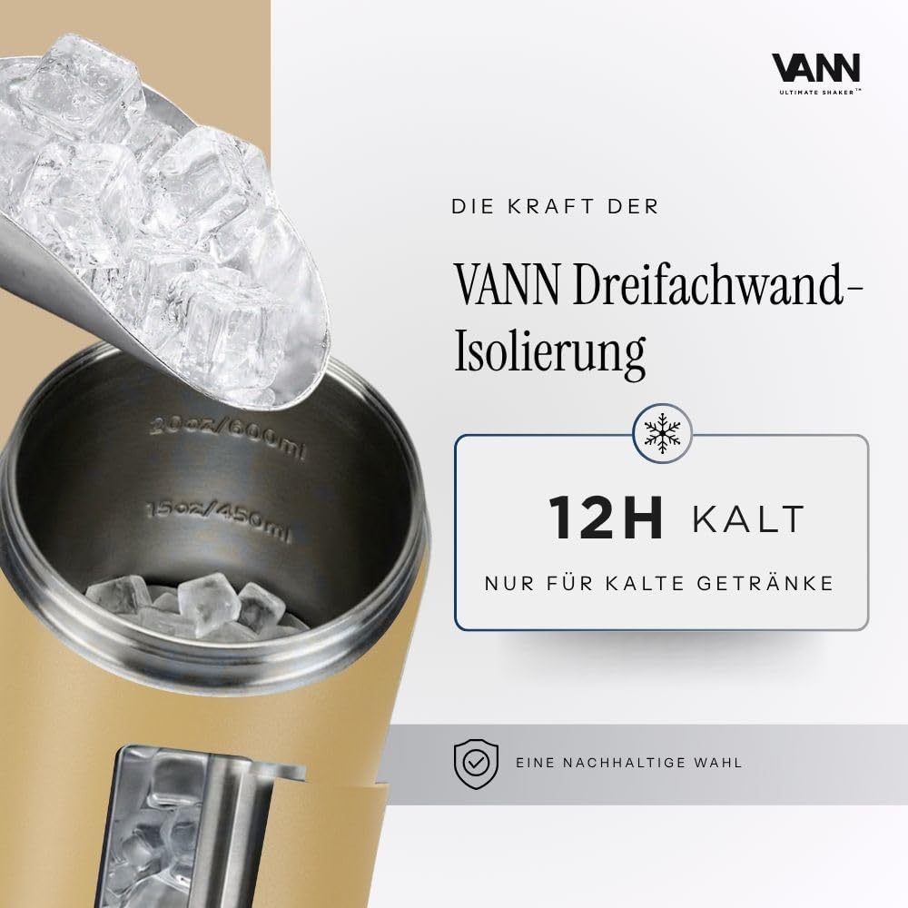 VANN Shaker Proteinshake 750ML - Thermo Shaker Edelstahl [12h kalt], Ideal als Schüttelbecher [Gym,
