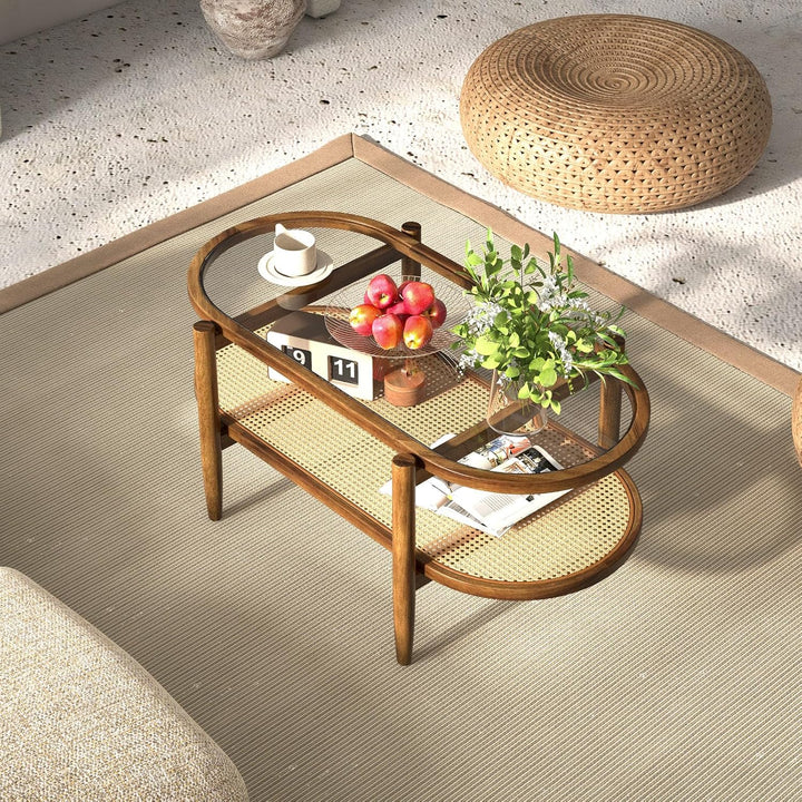 LIFEZEAL Couchtisch Glas aus Holz, Wohnzimmertisch mit 2 Ebenen, Sofatisch Glastisch aus Massivholz,