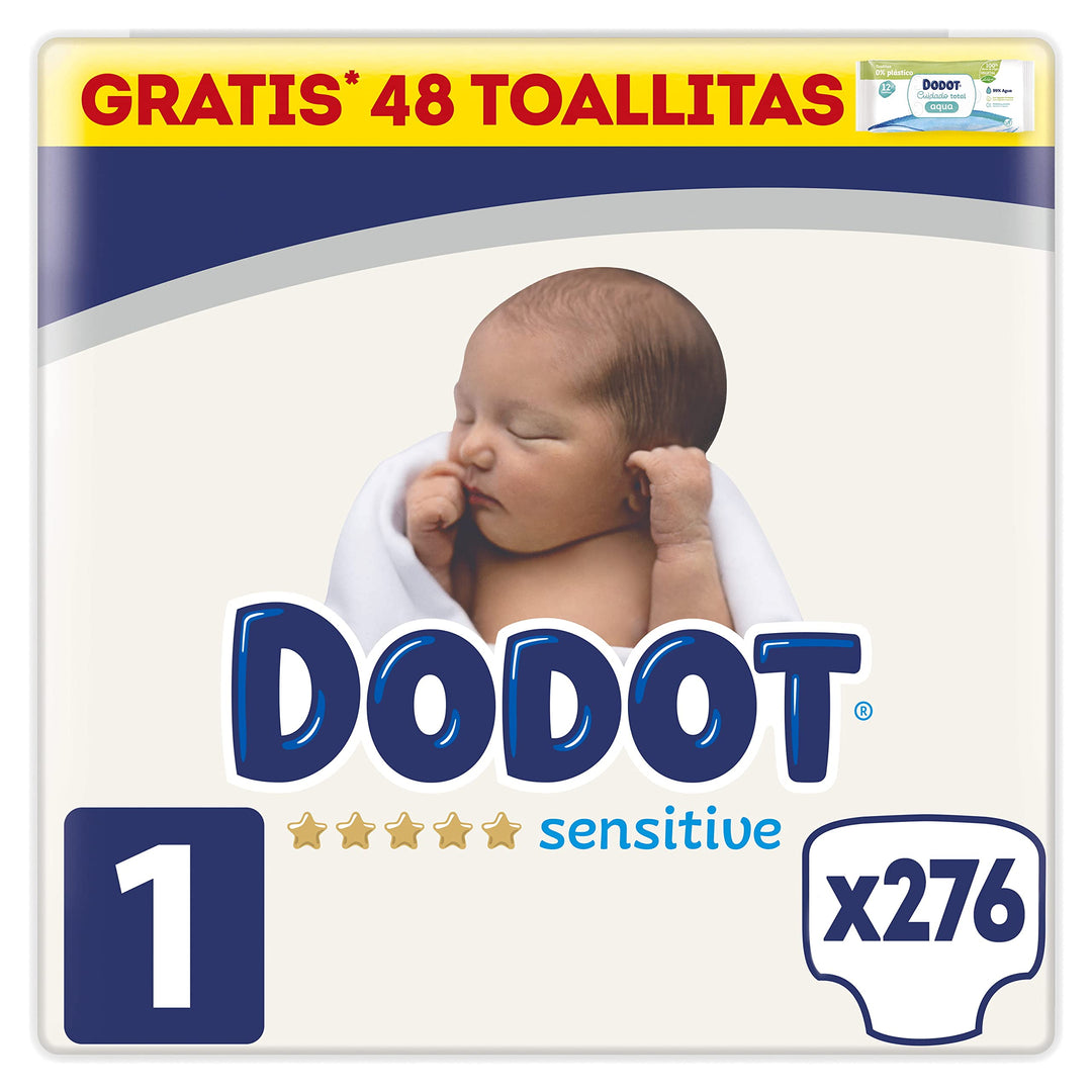 Dodot Sensitive Babywindeln, Grösse 1 (2-5 kg), 276 Windeln + 1 Pack mit 40 Tüchern, Aqua Plastic Fr