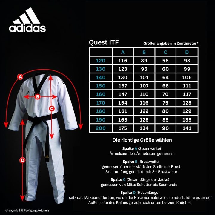 adidas Taekwondoanzug Quest ITF | Dobok mit neuem ITF Logo | für Kinder und Erwachsene | Leicht und