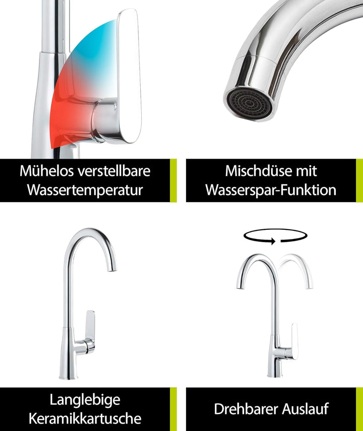'aquaSu® Spültischarmatur Amelia mit Wasserspar-Mischdüse, Kosten-sparende Kaltwassermittelstellung,