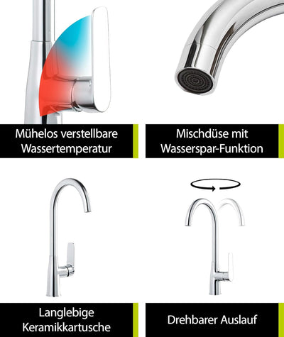'aquaSu® Spültischarmatur Amelia mit Wasserspar-Mischdüse, Kosten-sparende Kaltwassermittelstellung,