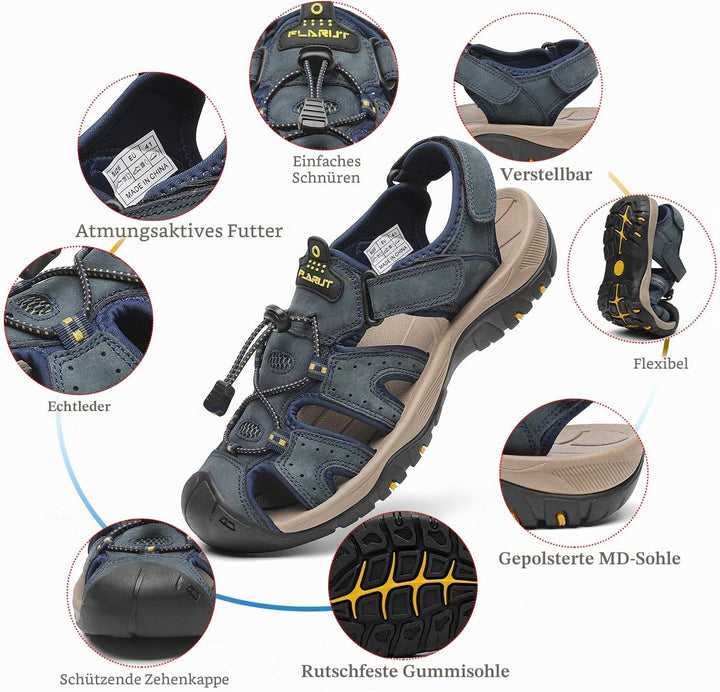 FLARUT Sandalen Herren Outdoorsandalen Trekkingsandalen Wander | Echtleder,Geschlossene Zehe,Rutschf