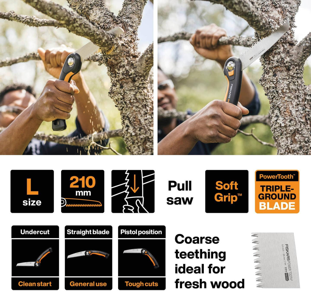 Fiskars Plus Klappsäge, Für dicke Stämme und Äste, 3 Schneidpositionen, Scharfes Power Tooth-Blatt,