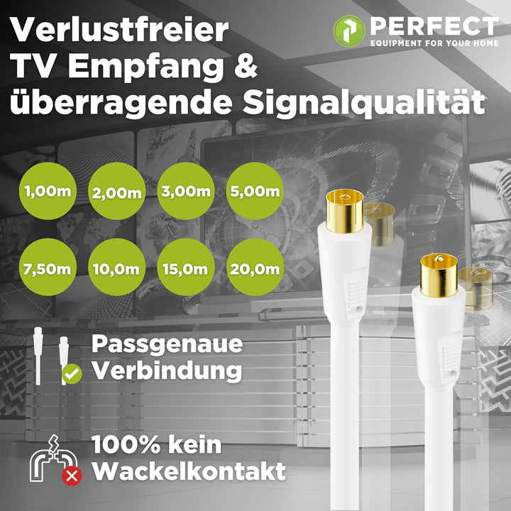 Perfect TV-Kabel, Antennen-Kabel, Koaxial-Kabel, IEC Stecker auf IEC Buchse mit Ferrite, 20,0 m, wei