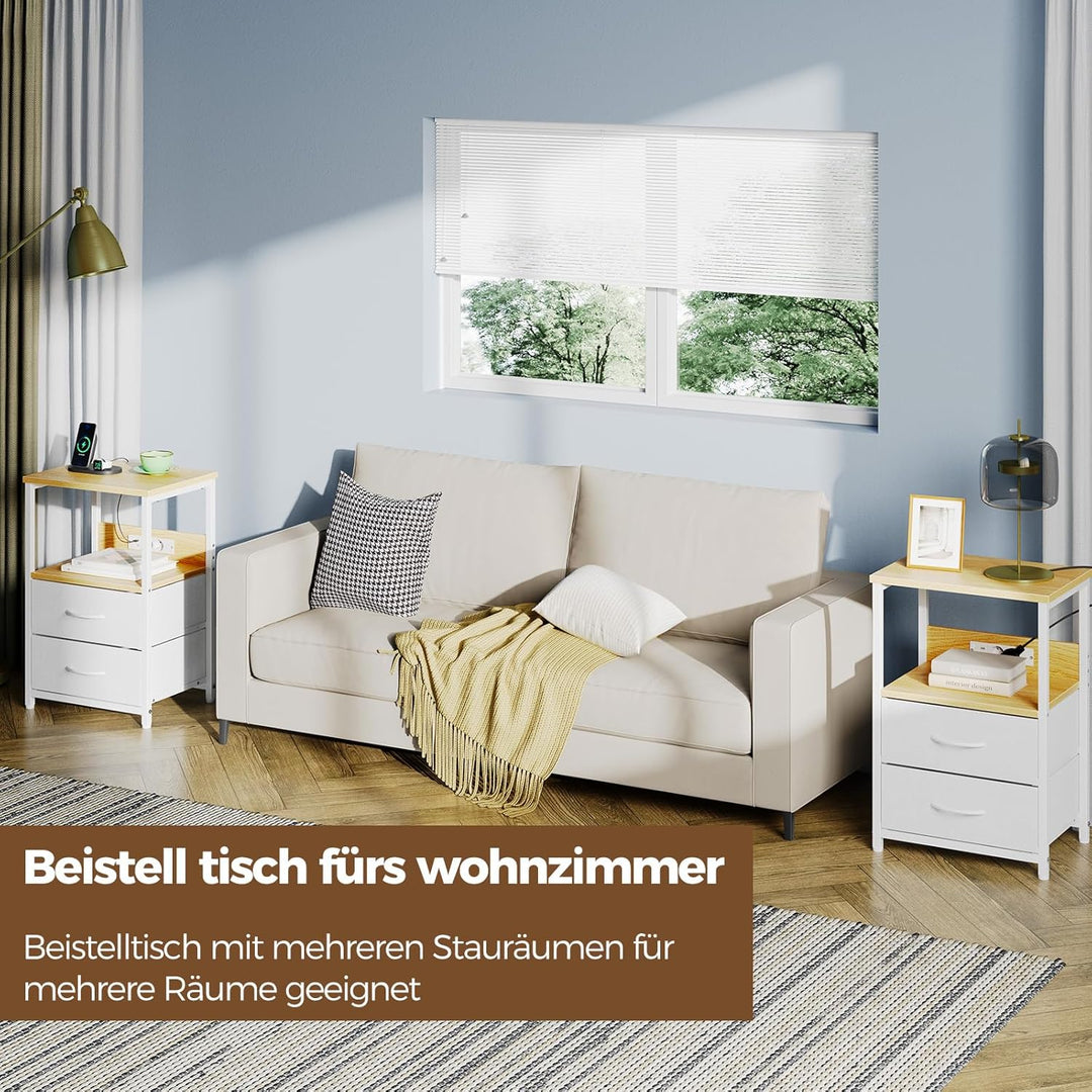 Rolanstar Nachttisch mit Ladefunktion, Beistelltisch mit LED-Leuchten, 2 Stoffschubladen & 3-stufige