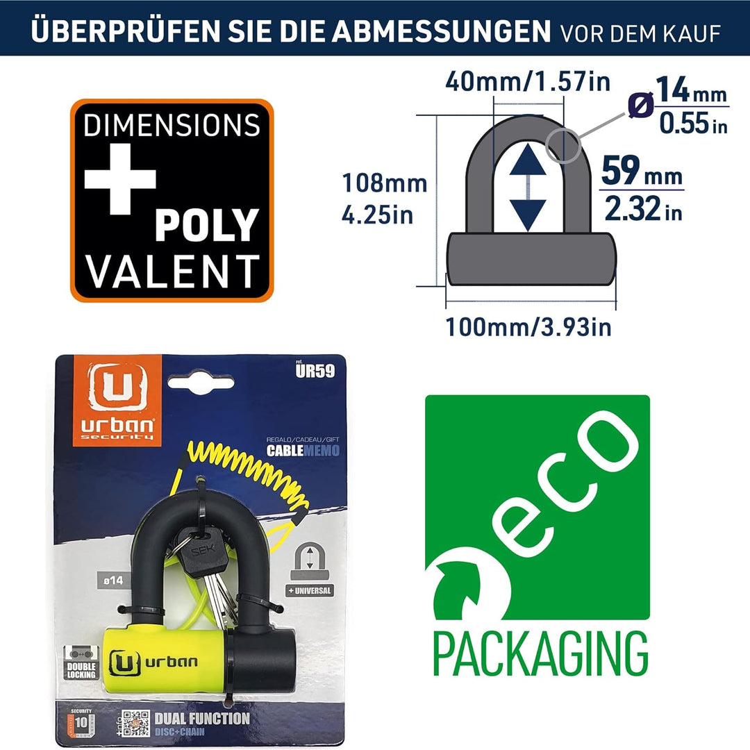 Urban UR59 Bremsscheibenschloss Mini Bügelschloss Motorrad Fahrrad Roller E Scooter Schloss, 14mm, U