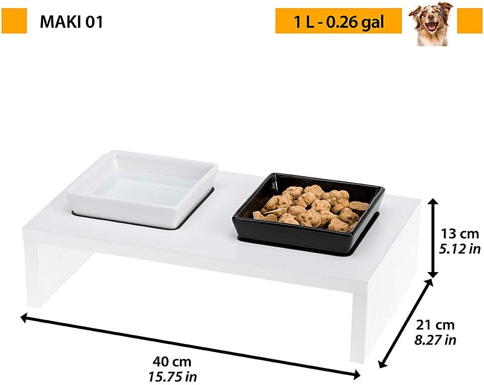 Ferplast Futterschalen für Hunde und Katzen MAKI 01, Rutschfeste Holzständer, 2 Keramikschalen à 0,5