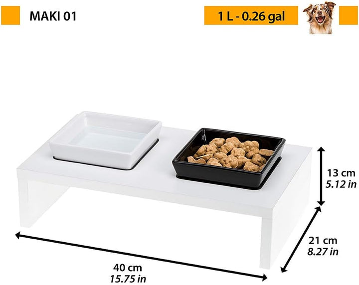 Ferplast Futterschalen für Hunde und Katzen MAKI 01, Rutschfeste Holzständer, 2 Keramikschalen à 0,5