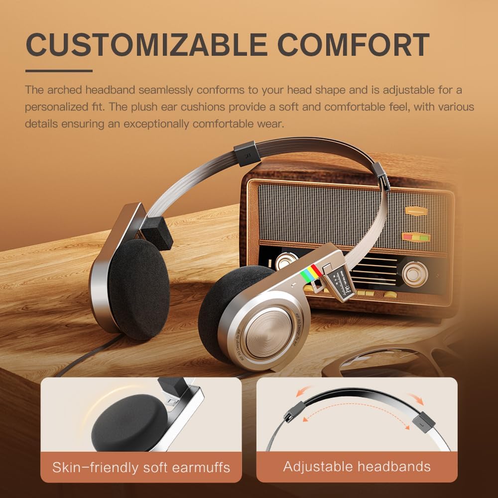 iKF R3 Kopfhörer Kabellos Bluetooth Retro, Vintage On Ear Headphones, bis zu 60 Stunden Spielzeit, D