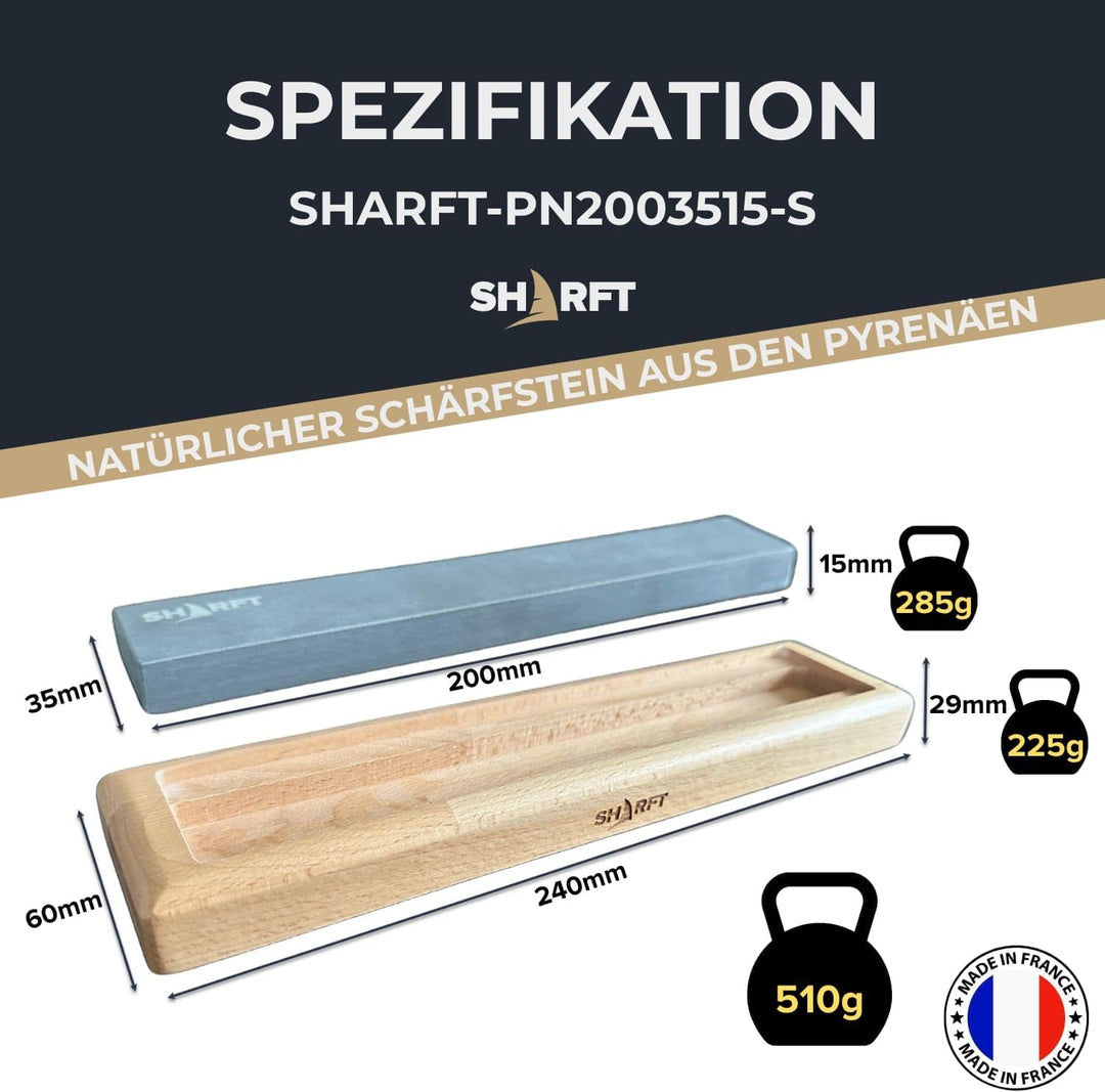 SHARFT, natürlicher Schleifstein aus den Pyrenäen 800/1000 + Holzsockel. Schleifstein mit 2 Körnunge