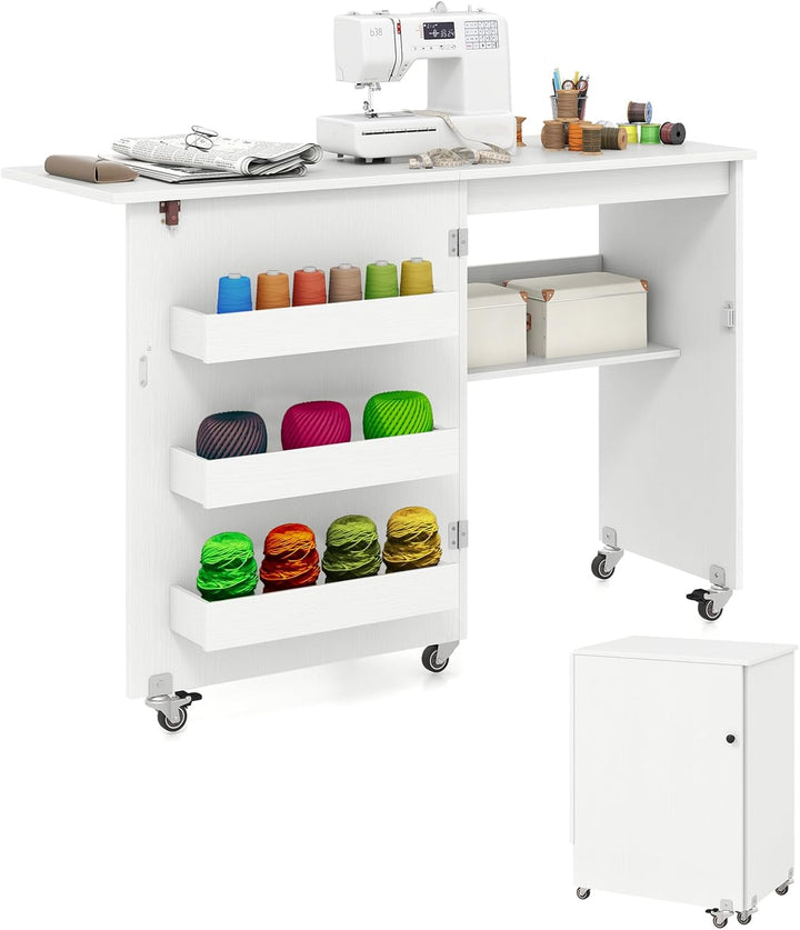 COSTWAY 2 in 1 Nähtisch klappbar, Nähmaschinenschrank aus Holz mit Regalen & Ablagefach, Nähschrank