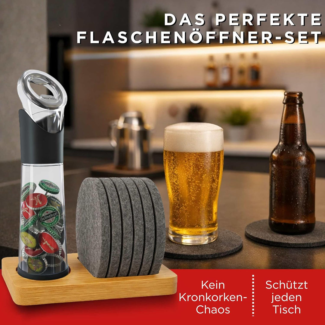 wortek Flaschenöffner mit Auffangbehälter + Filz Untersetzer Gläser Set mit Halterung Glas Untersetz