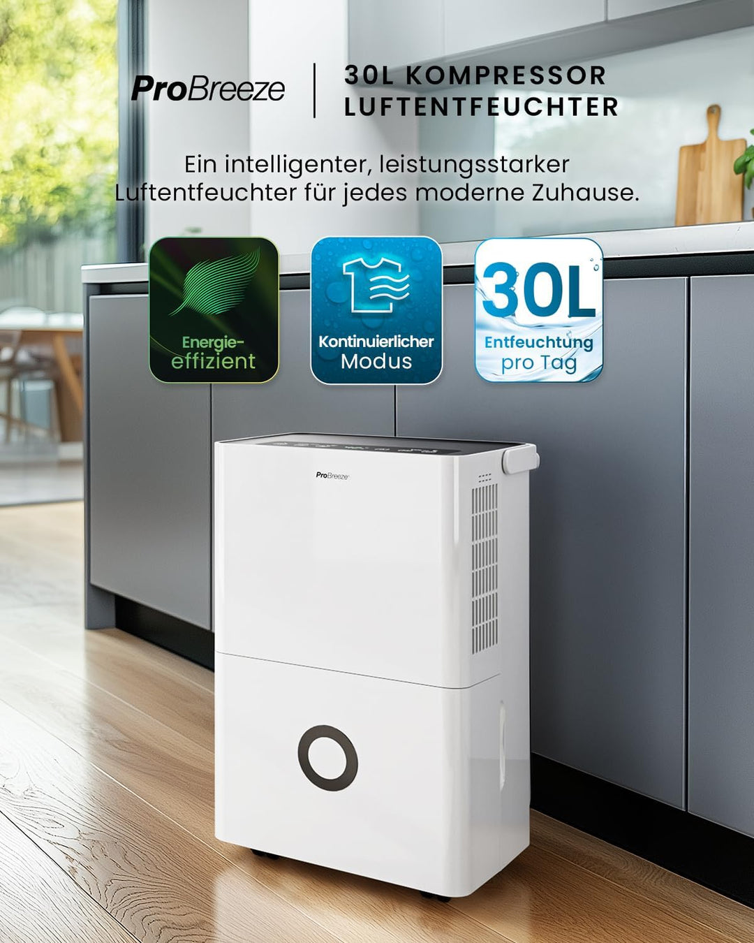 Pro Breeze Luftentfeuchter 30L in 24h Entfeuchtungsleistung - Elektrischer Luftentfeuchter mit WLAN