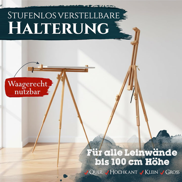 Artina Staffelei Holz für Leinwände bis 100 cm Porto – Neigungswinkel 90° div. Maltechniken Stufenlo