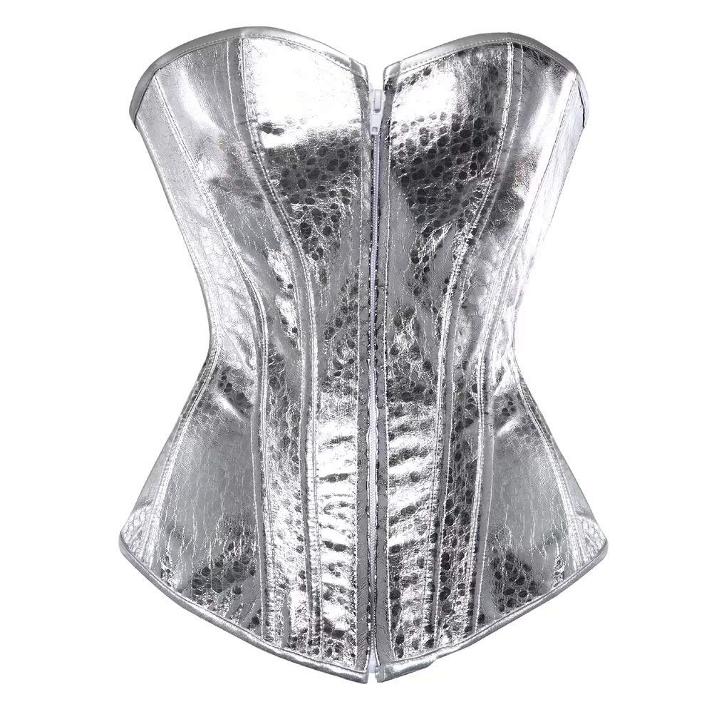 Josamogre Leder Korsett Corset Top Damen Kunstleder Corsage Gothic Reissverschluss Sexy 3XL Silver,