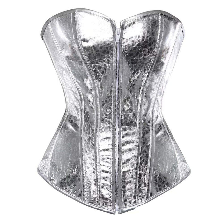 Josamogre Leder Korsett Corset Top Damen Kunstleder Corsage Gothic Reissverschluss Sexy 5XL Silver,