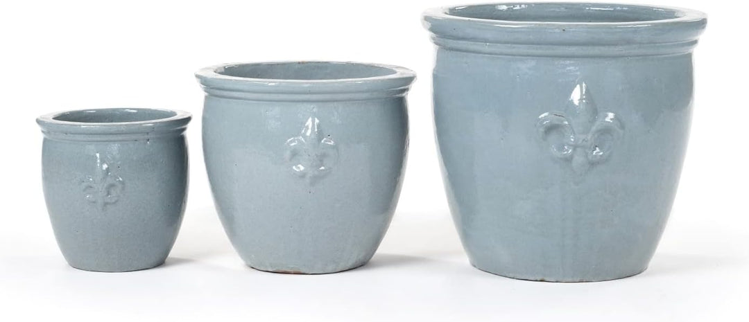 Pflanzgefäss Blumentopf Übertopf Fleur de LYS mit Lilie Keramik Blau Weiss Grau glasiert absolut Fro