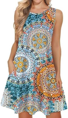 WNEEDU lässiges Sommerkleid Damen Ärmellose Tank Strandkleider T-Shirt Kleid mit Taschen Druck Grün