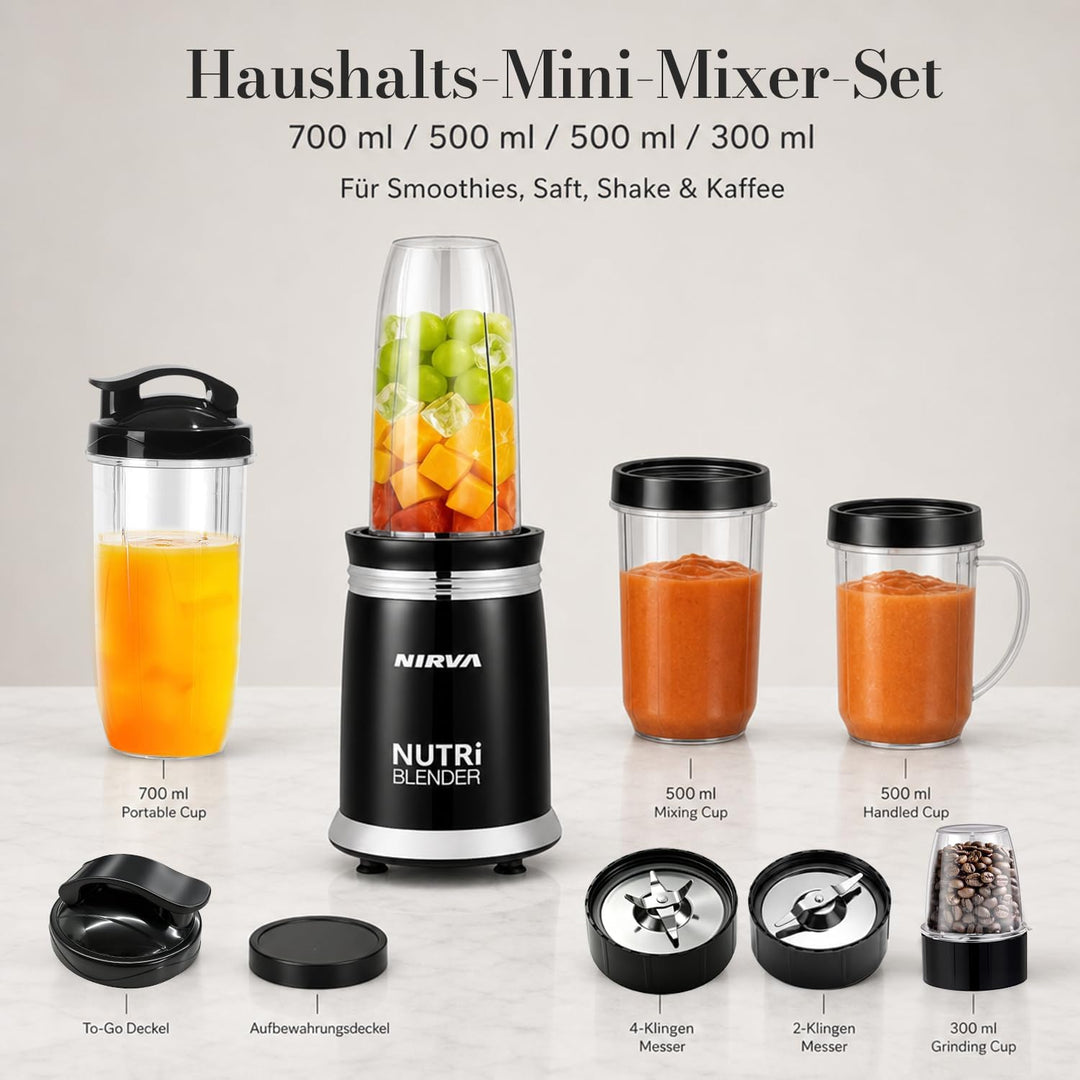 Nirva Smoothie Maker, Standmixer 2 in 1 mit Kaffeemühle, 25000 U/min Elektrischer Mixer für Shakes u