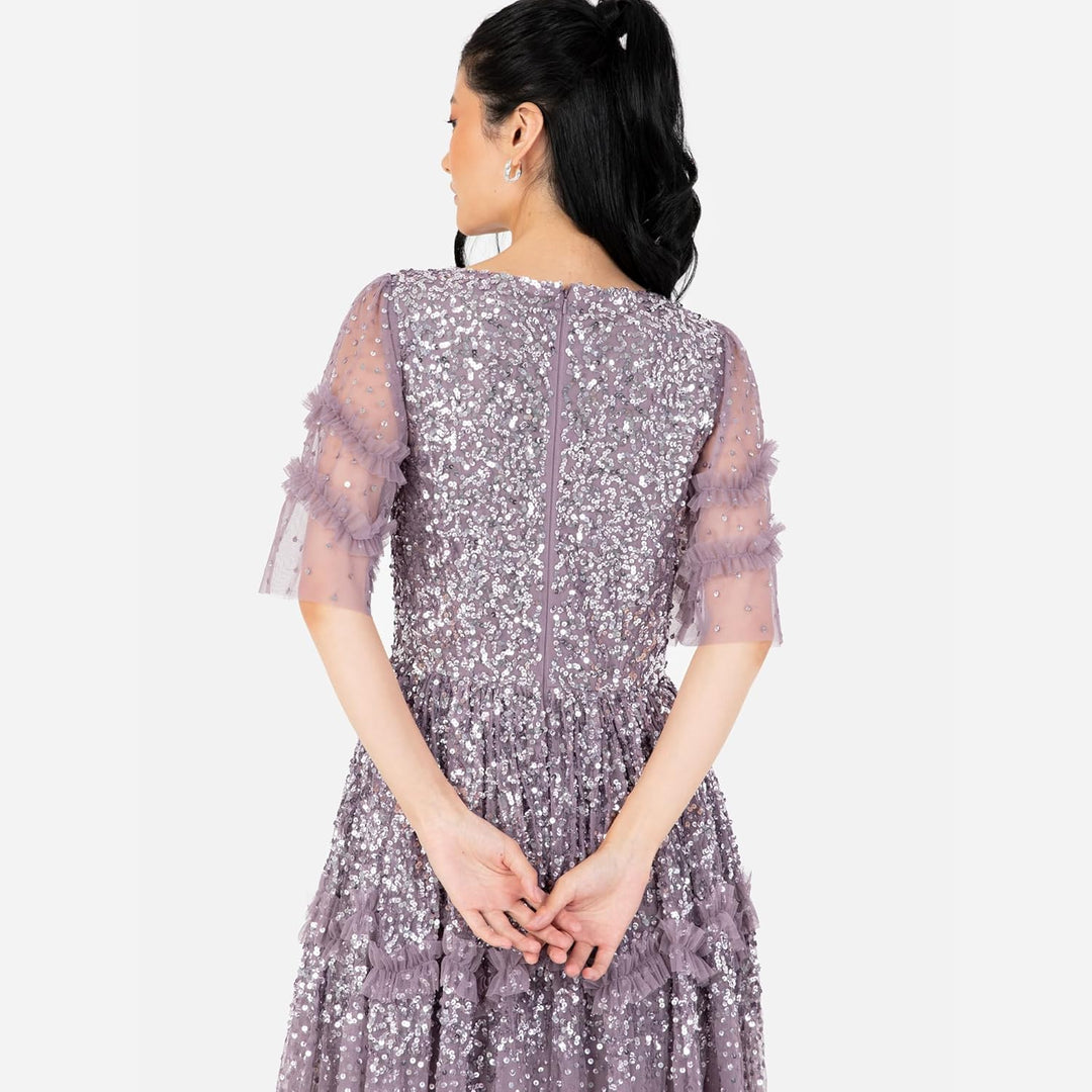 Maya Deluxe Damen Women's Maxi Ladies V-Neck Sequin Embellished Ruffle Detail for Wedding Guest Brid