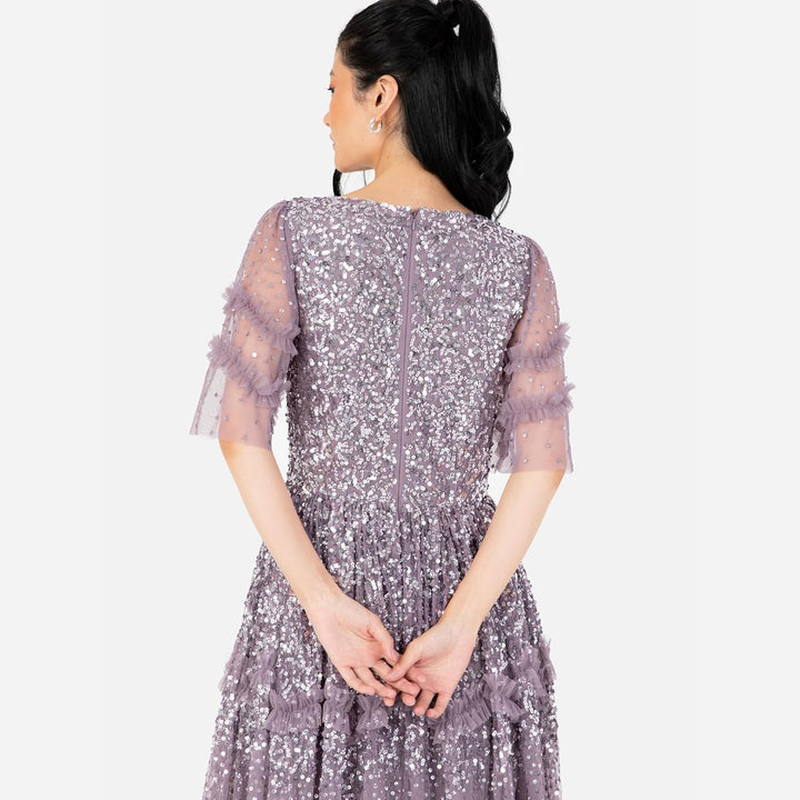Maya Deluxe Damen Women's Maxi Ladies V-Neck Sequin Embellished Ruffle Detail for Wedding Guest Brid