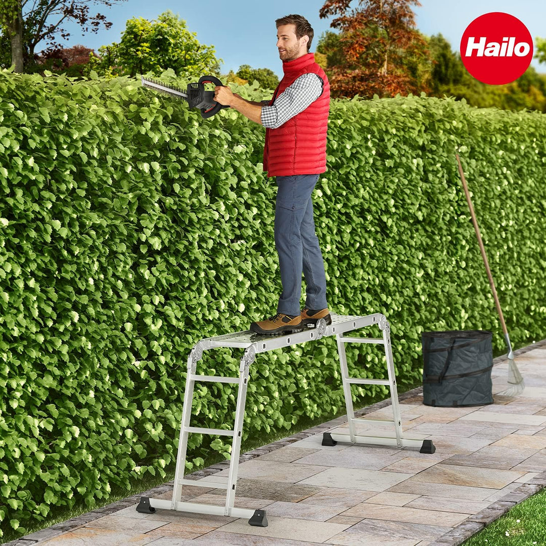 Hailo ProfiStep combi, Alu-Universalleiter, 4x3 Sprossen, Arbeitsbühne, Anlege- und Stehleiter in ei