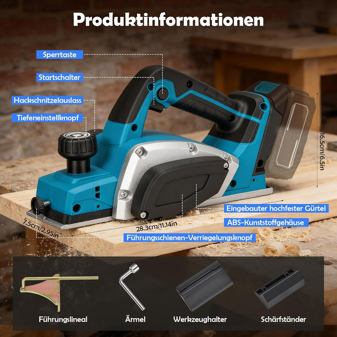 Elektrohobel 650w mit Bürstenloser Motor,Akku Hobel kompatibel mit Makita 18V,Elektrischer Handhobel