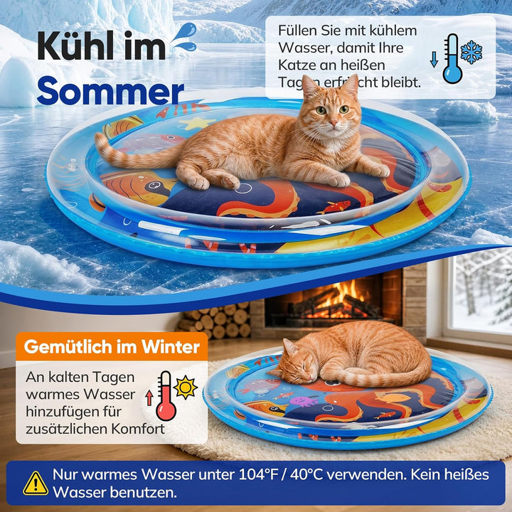 Supet Sensorische Wassermatte Katze mit schwimmenden Fischen und 2 Spielbällen, Verdickte Kühlmatte